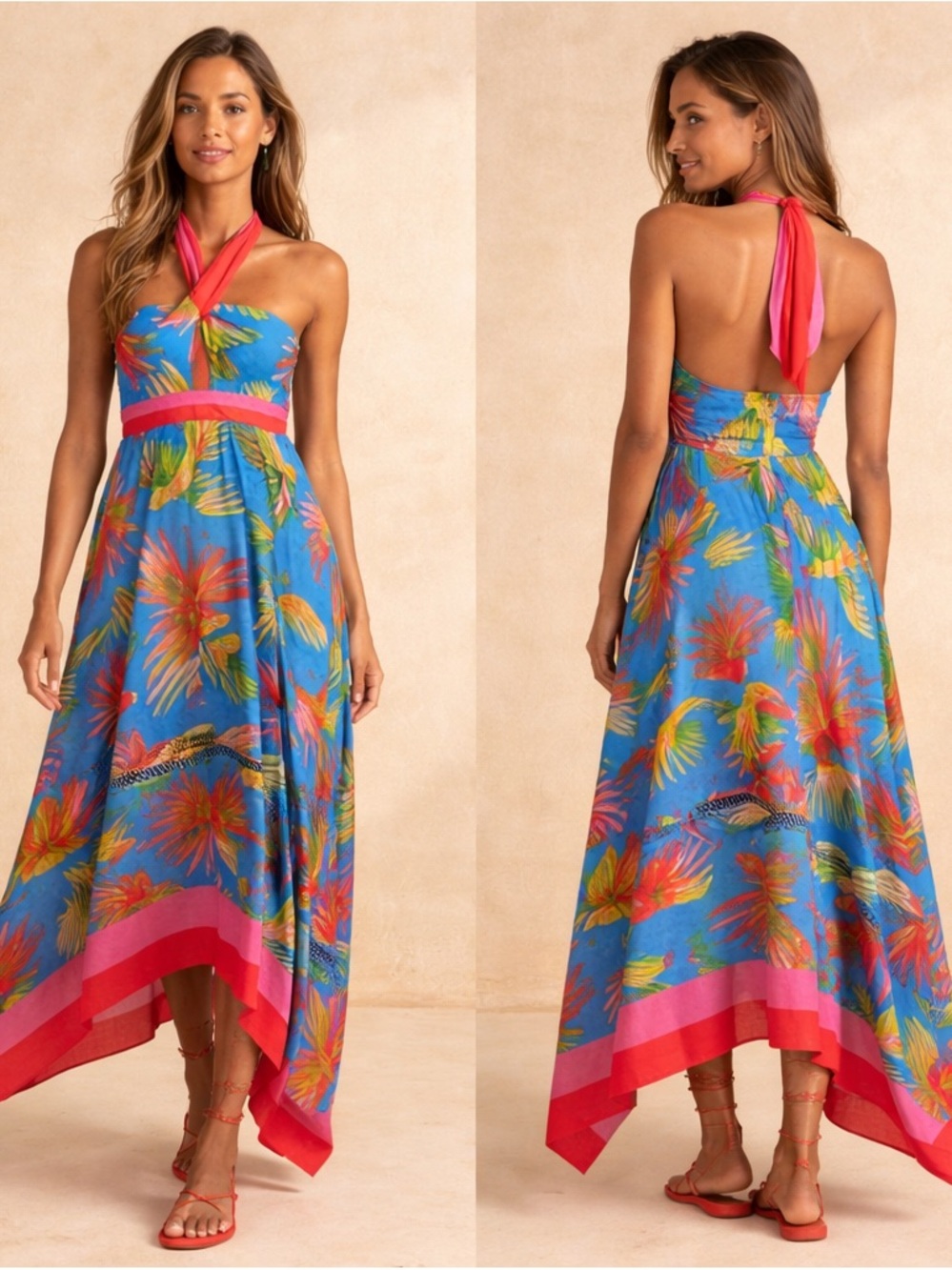 Farm Rio Painted Birds Maxi Dress Blue Tropical Bird Print Halter NWT Size L